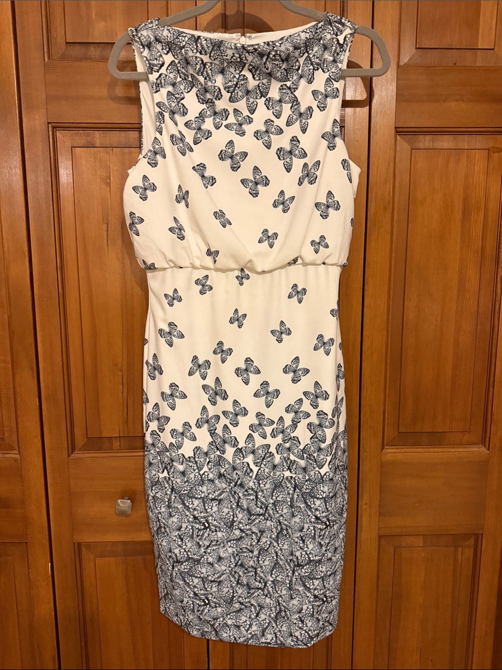 Badgley Mischka White Sheath Dress with Gradient Butterfly Print